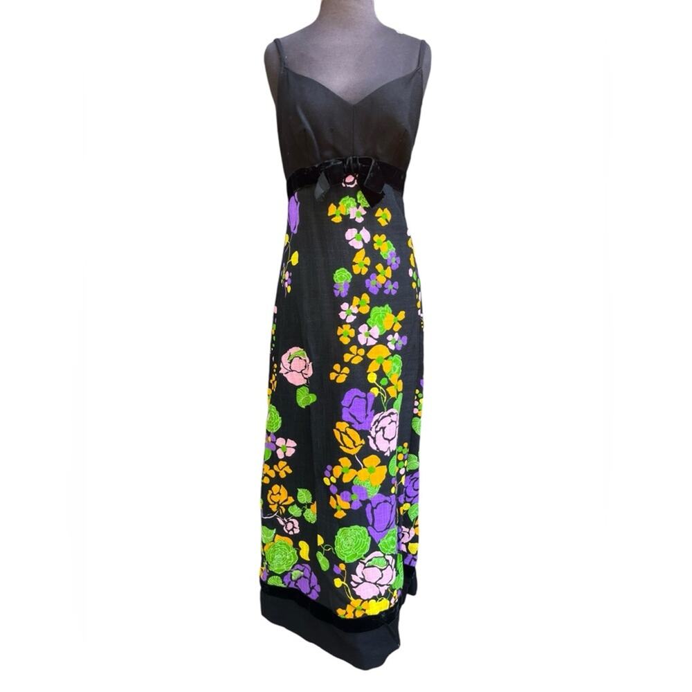 Vtg 70s Psychedleic Floral Velvet Trim Bow Boho Glam Maxi Dress S Retro Festival - Picture 2 of 11